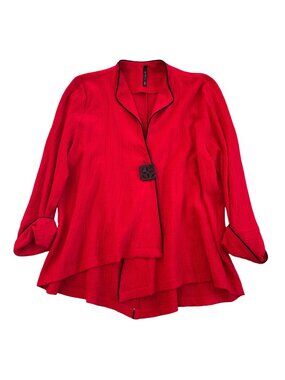 IC By Connie K Womens Sz M Red Textured Tunic Jacket Geometric Button Closure